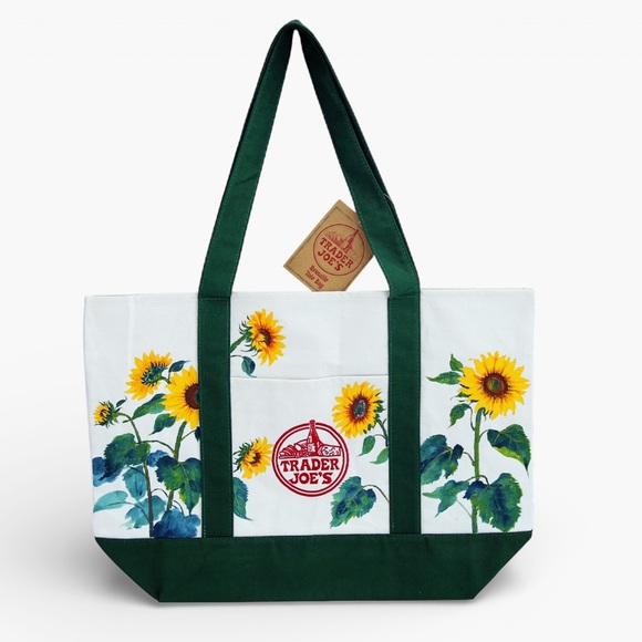 Hand-Painted Trader Joe’s Green Large Tote Bag Sunflower Design